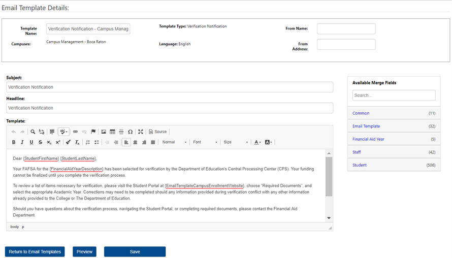 Email Template Details with Merge Fields